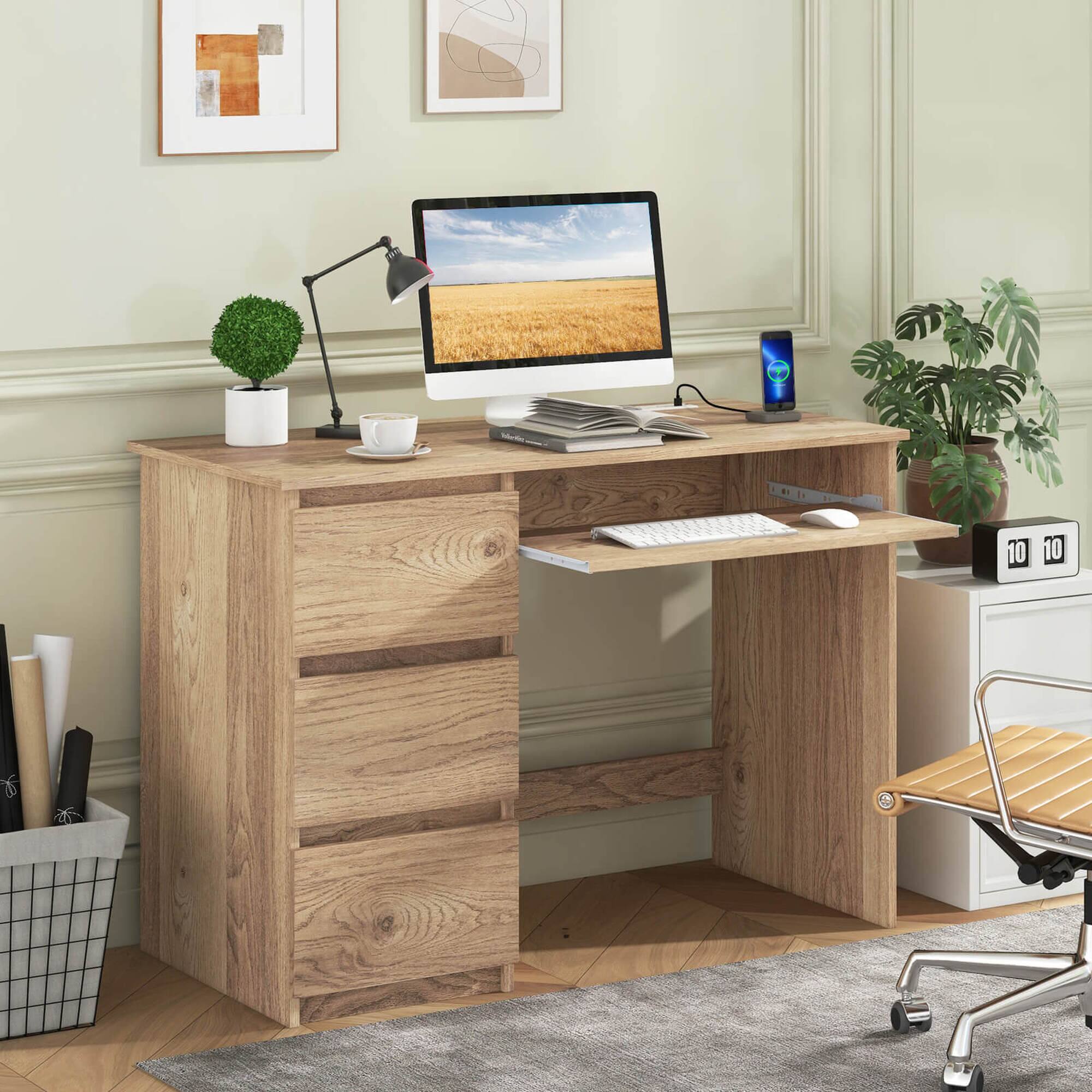 Left. Costway - Costway Computer Desk with Outlet Keyboard Tray & 3 Large Drawers Type-C & USB Ports - Natural.