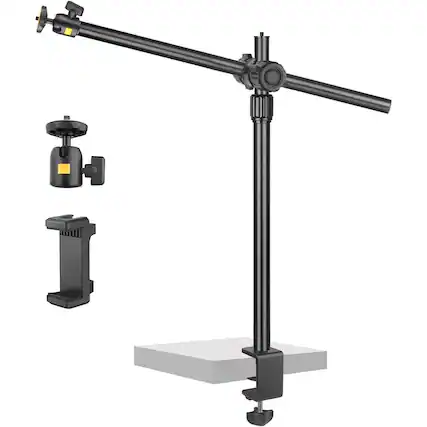 Front. PARKER SLATER - Camera desk mount with articulating arm, 1/4" ball head, and C-clamp stand for DSLR, ring light, and streaming..