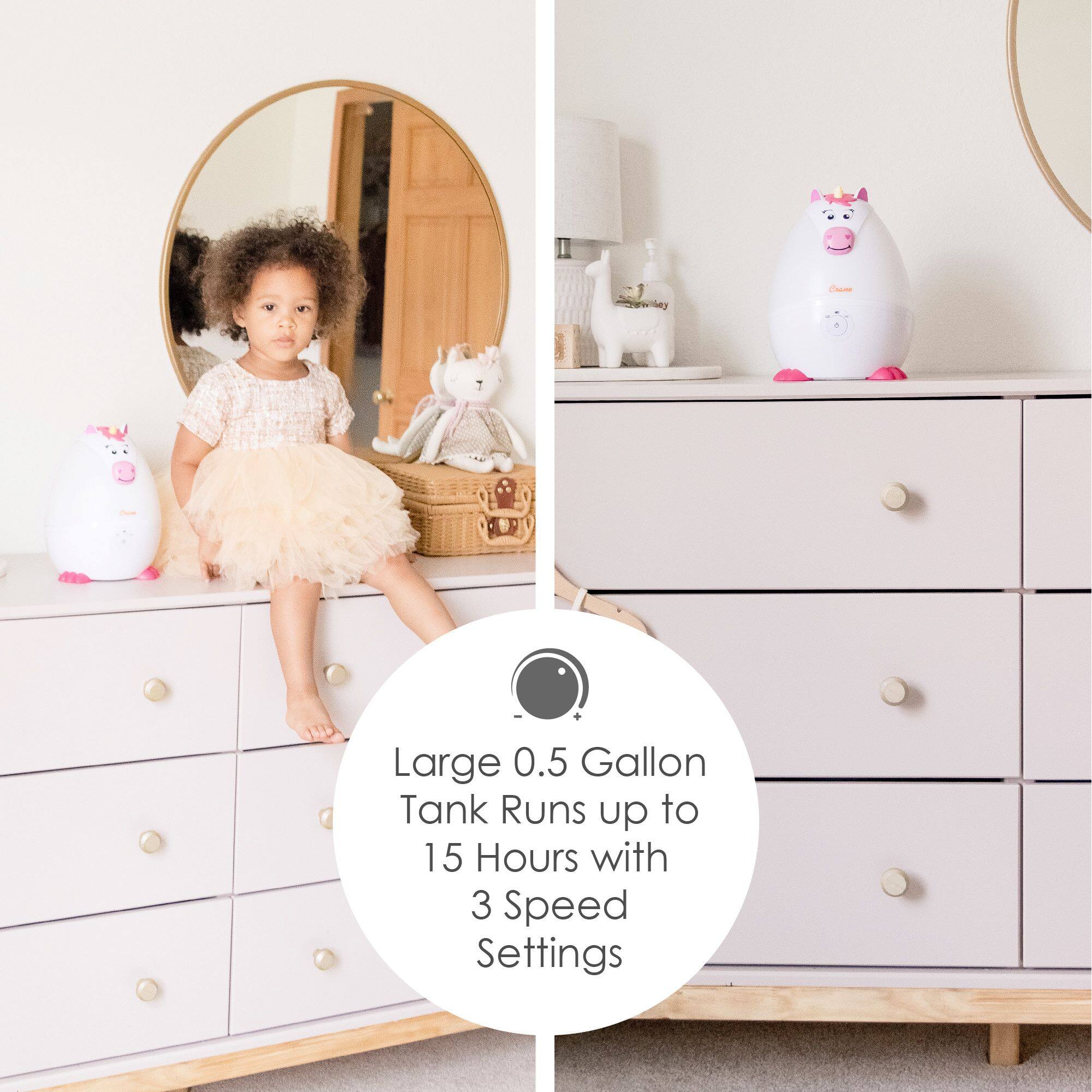 The image features a little girl sitting on a dresser, which is a large 0.5 gallon tank that runs up to 15 hours with 3 speed settings. The tank is likely a part of a toy or a decorative item in the room.