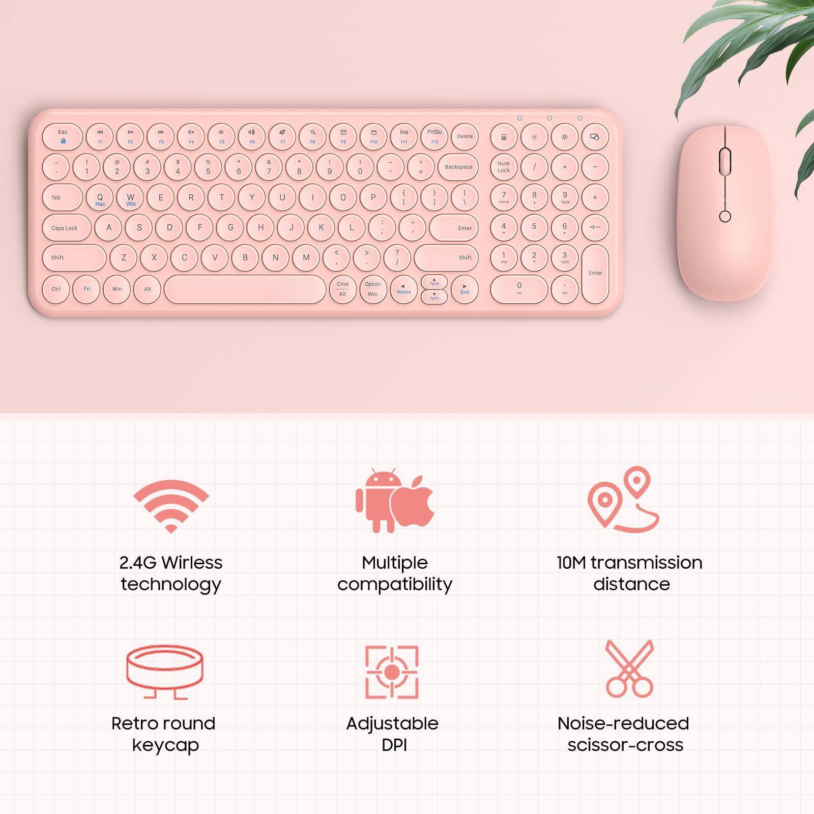 - 2.4G Wireless technology
- Multiple compatibility
- 10M transmission distance
- Retro round keycap
- Adjustable DPI
- Noise-reduced scissor-cross