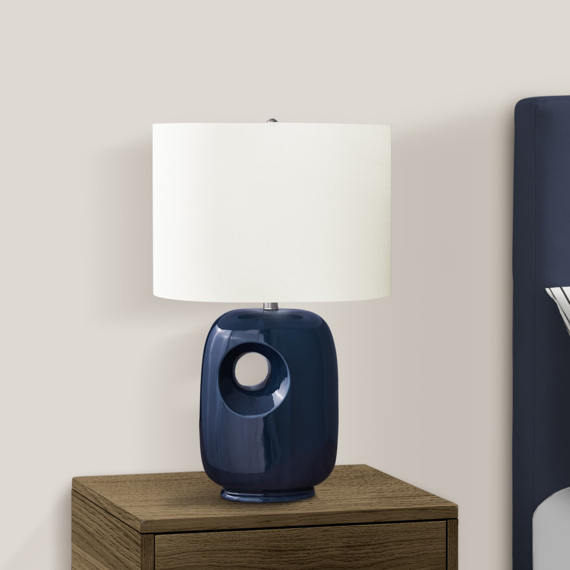 Back. Luckbyte - 26 Inch Blue Ceramic Table Lamp Ivory Cream Shade Contemporary Modern Lighting.