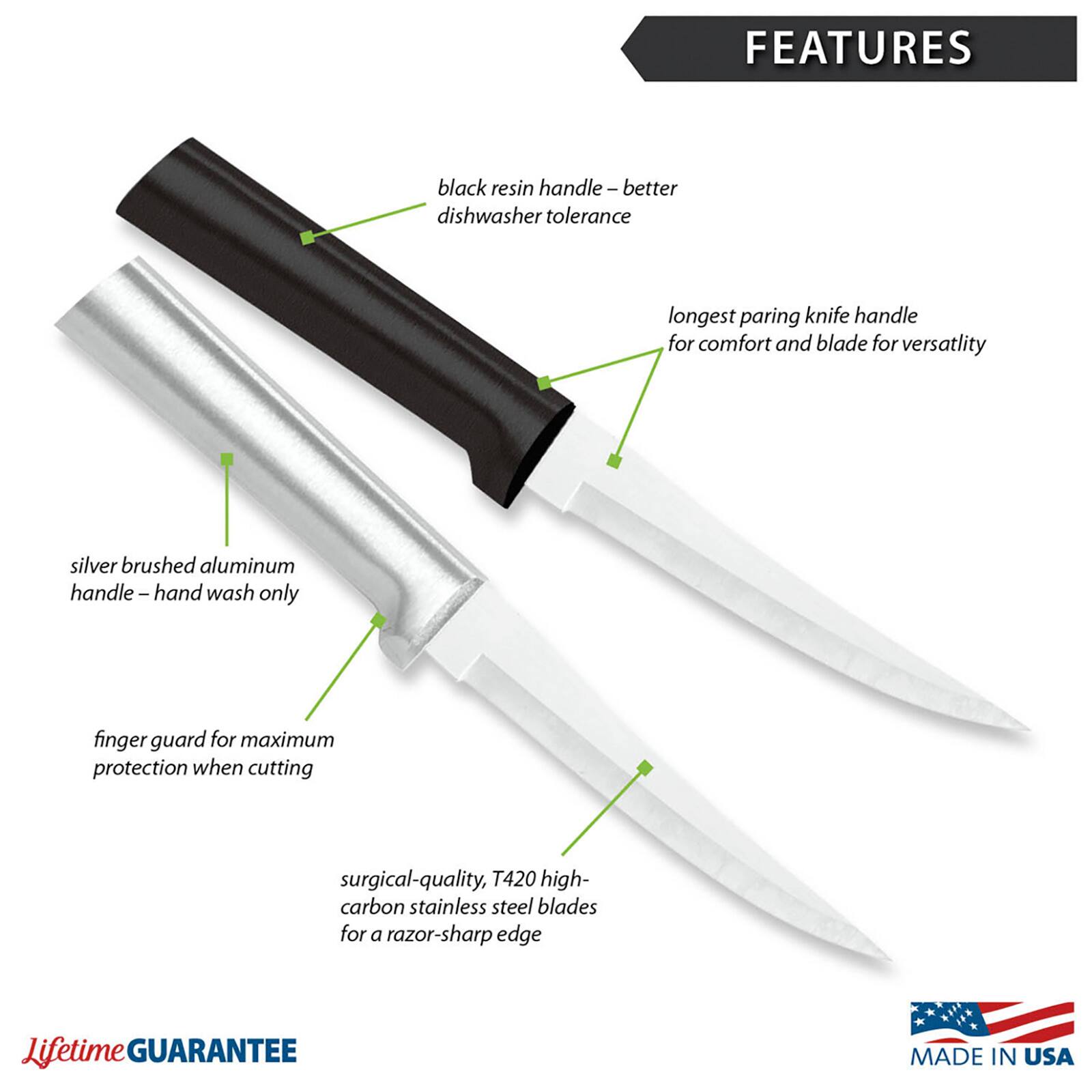 FEATURES

- black resin handle - better dishwasher tolerance
- longest paring knife handle for comfort and blade for versatility
- silver brushed aluminum handle - hand wash only
- finger guard for maximum protection when cutting
- surgical-quality, T420 high-carbon stainless steel blades for a razor-sharp edge

Lifetime GUARANTEE

MADE IN USA