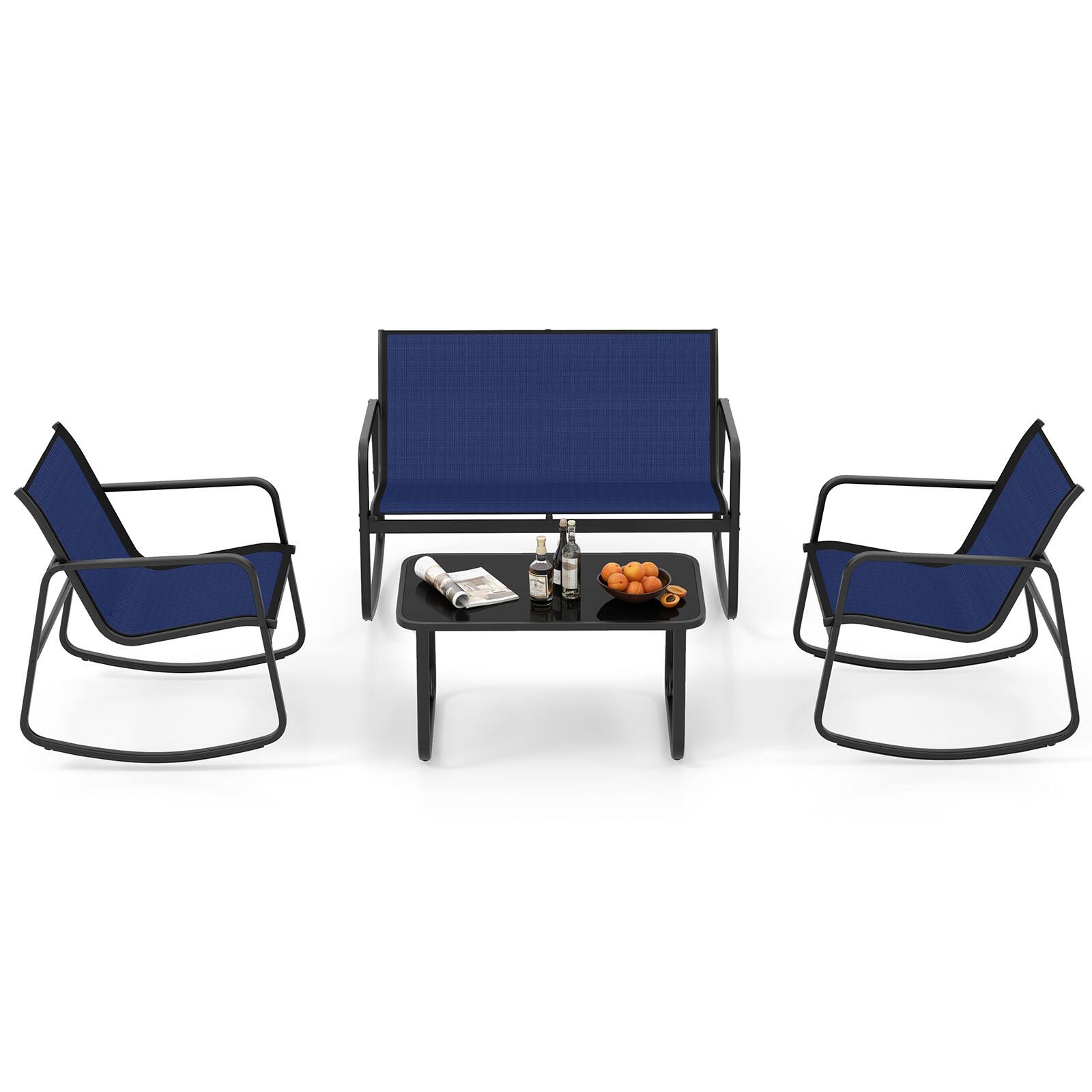 Alt View 9. Gymax - Gymax Set Of 8 Outdoor Patio Rocking Set 4 Rocking Chairs & Loveseat w/ Glass-Top Table - Navy.