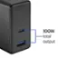 The image features a black box with a USB port, and it is labeled with the text "100W total output." This suggests that the device is designed to provide a total output of 100 watts, which could be used for various purposes such as charging or powering other devices.