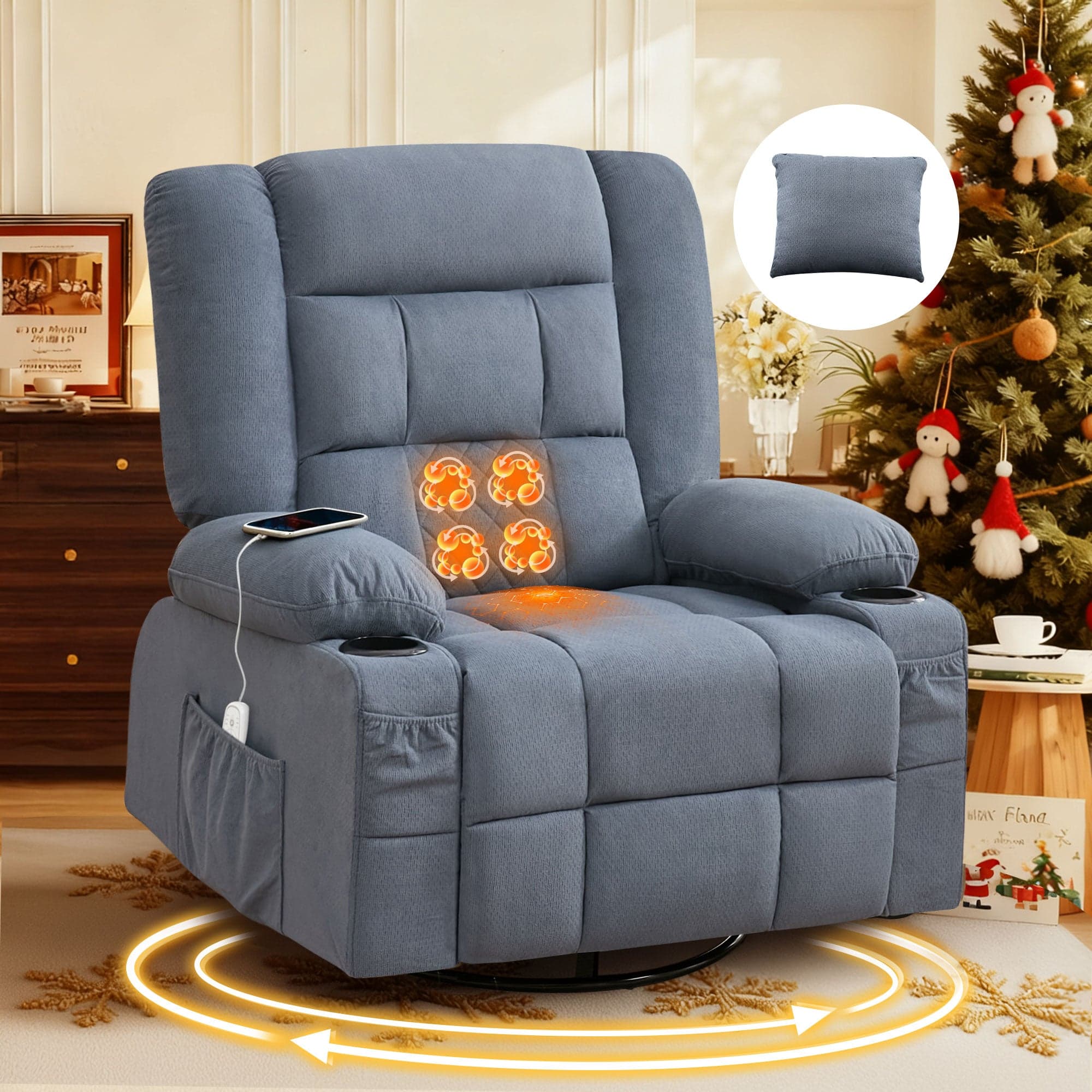 Boyel Living - 4-Point 3D Kneading Massage Rocker Recliner Chair with Heat USB 2 Cup Holders for Living Room - Blue