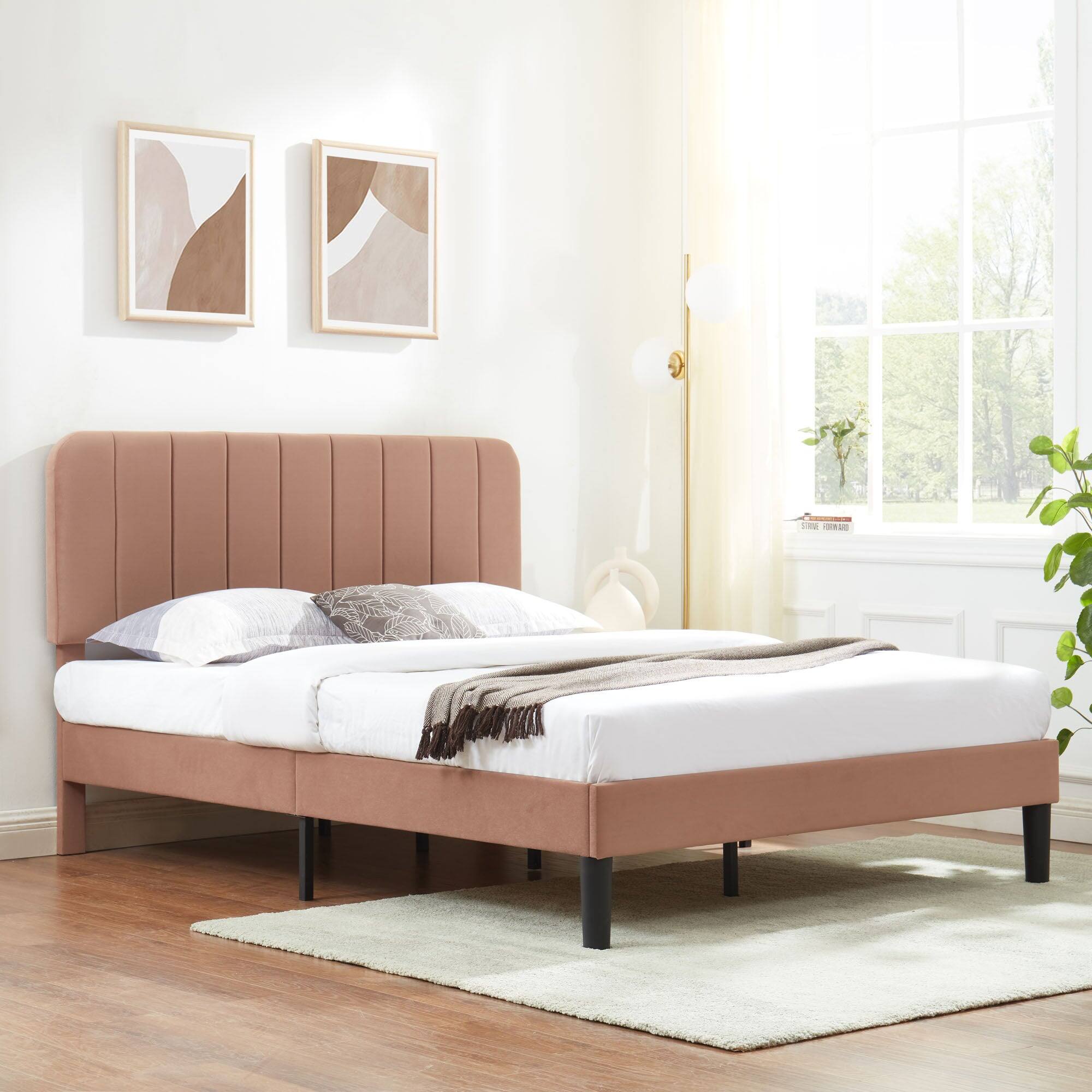 Alt View 2. Vecelo - Upholstered Full Size Platform Bed Frame with Adjustable Headboard,Velvet Bed Frame No Box Spring Needed - Brown.