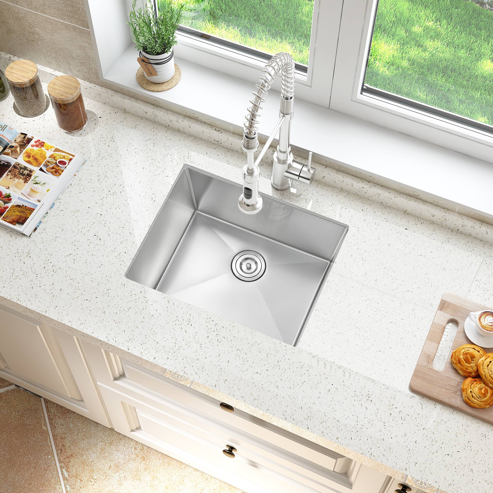 Angle. Akicon - Akicon 23 in. Undermount Single Bowl 20-Gauge Silver Nano Kitchen Sink with Basket Strainer - Silver.