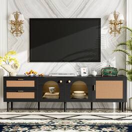 PexFix - LED TV Stand for 80" TVs, Rattan Media Console Entertainment Center with 3 Cabinets & 2 Drawers - Black