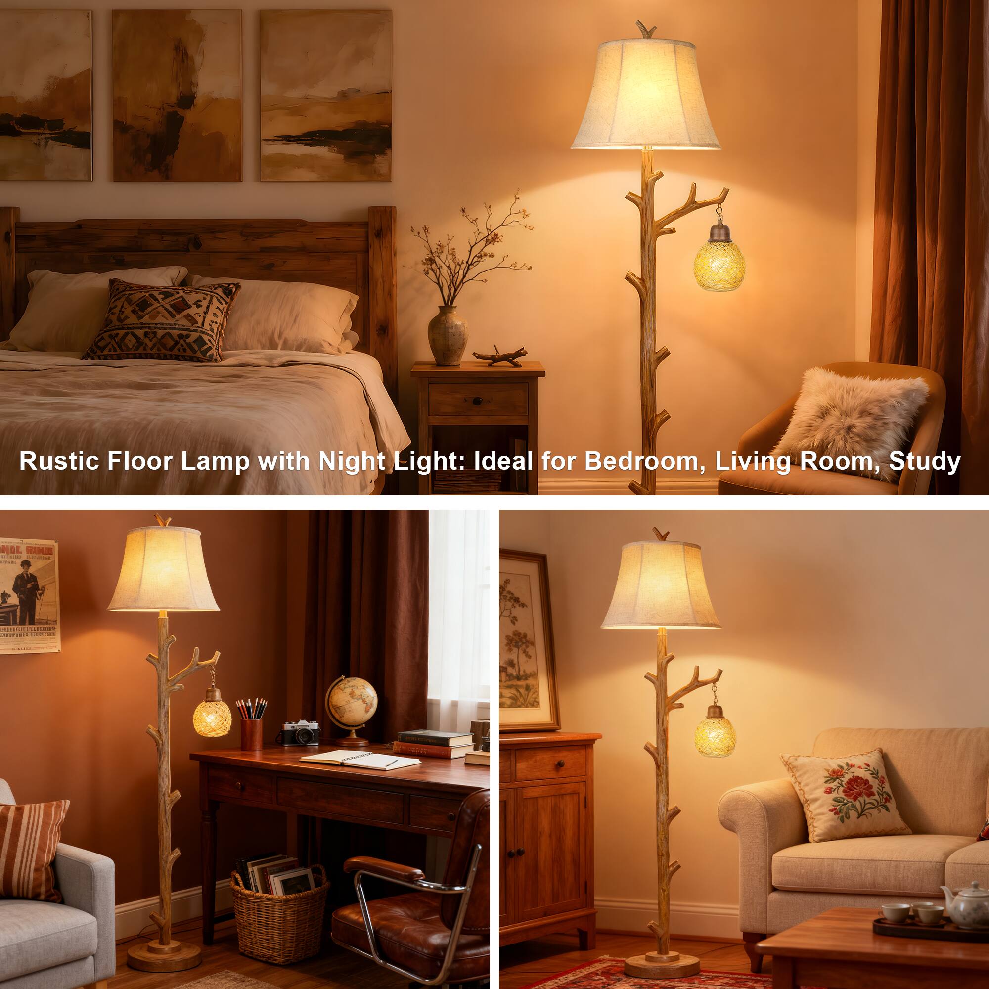 Rustic Floor Lamp with Night Light: Ideal for Bedroom, Living Room, Study