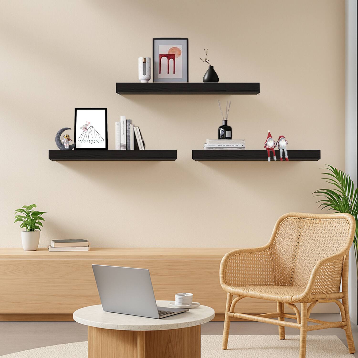 Alt View 5. BOMEDA - Wooden Floating Shelves for Wall, Bathroom or Room Wall Storage, Hanging Shelf Organizer, 24x7x1.5 in, 3 Pack - Black.