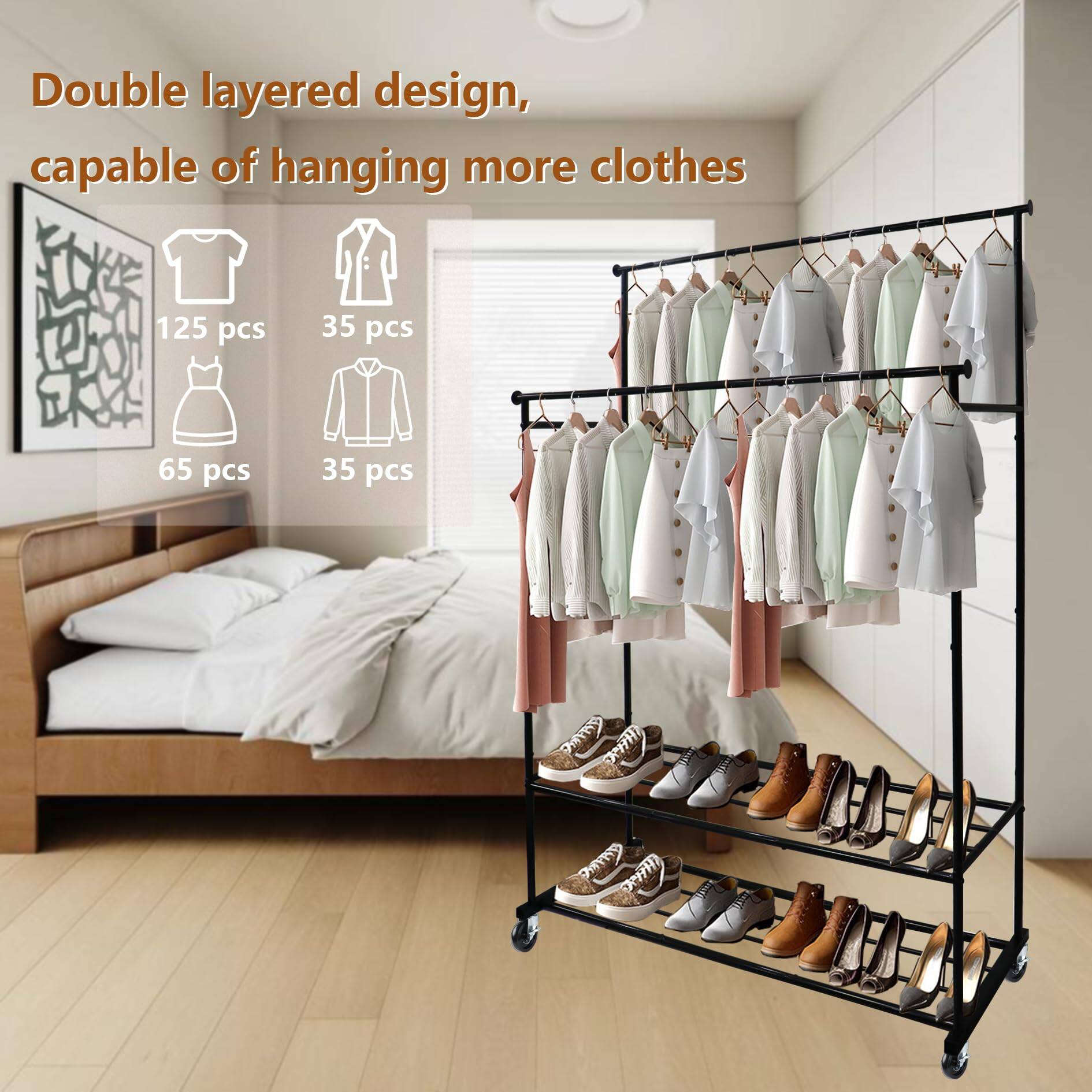 Double layered design, capable of hanging more clothes

- 125 pcs
- 35 pcs
- 65 pcs
- 35 pcs