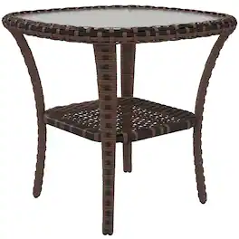 Outsunny - Coffee Table with Storage Shelf, Hand-Woven Wicker Side Table with Water-Ripple Glass Top - Mixed-brown