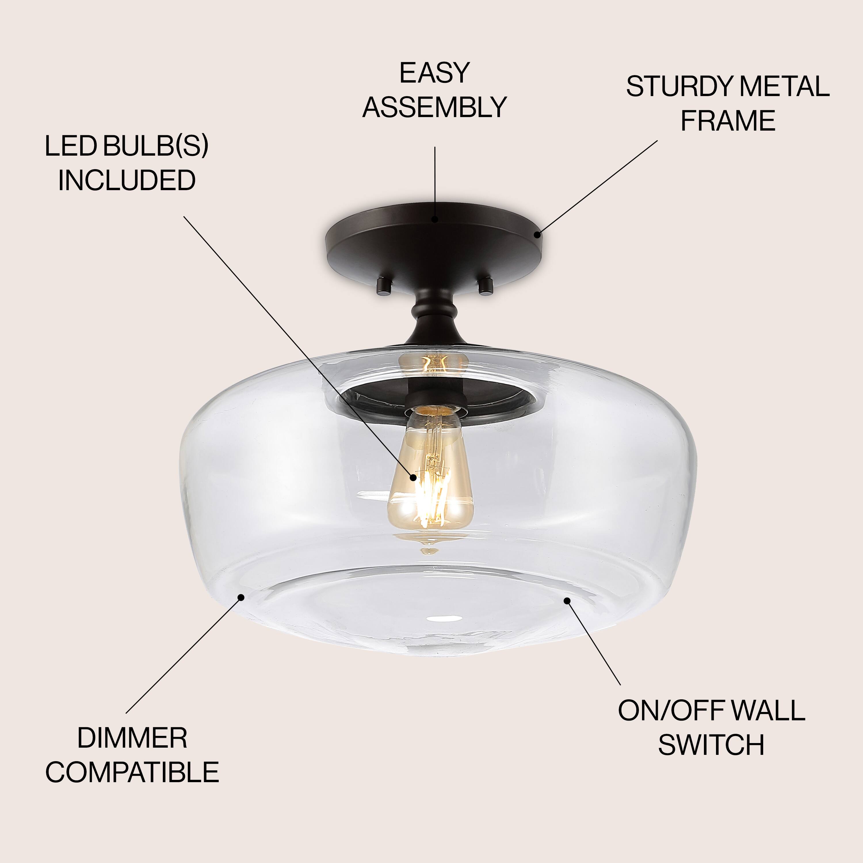 LED BULB(S) INCLUDED  
EASY ASSEMBLY  
STURDY METAL FRAME  
DIMMER COMPATIBLE  
ON/OFF WALL SWITCH