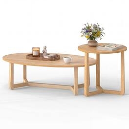 Costway - Nesting Coffee Table Set of 2 Oval Accent Table & Round Sofa Side Table - Natural