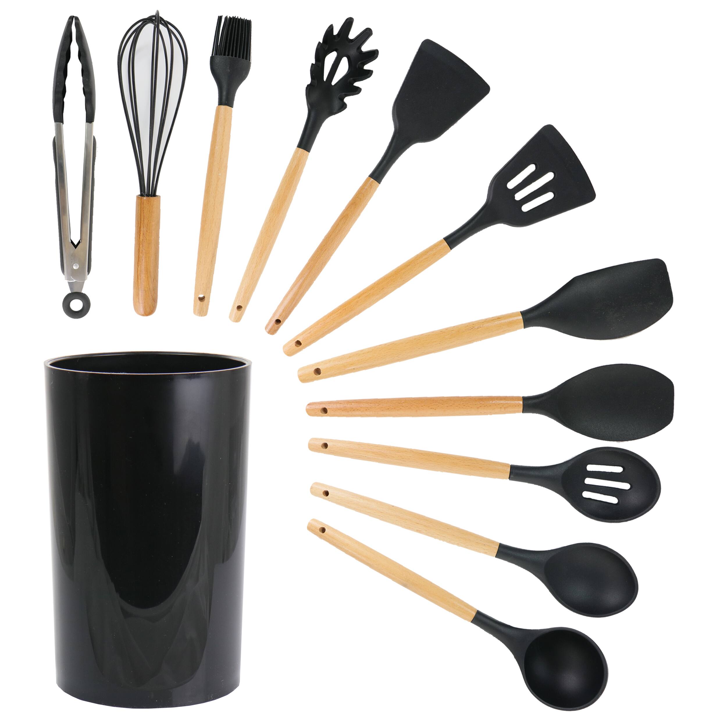 MegaChef - Silicone and Wood Cooking Utensils, Set of 12 - Black