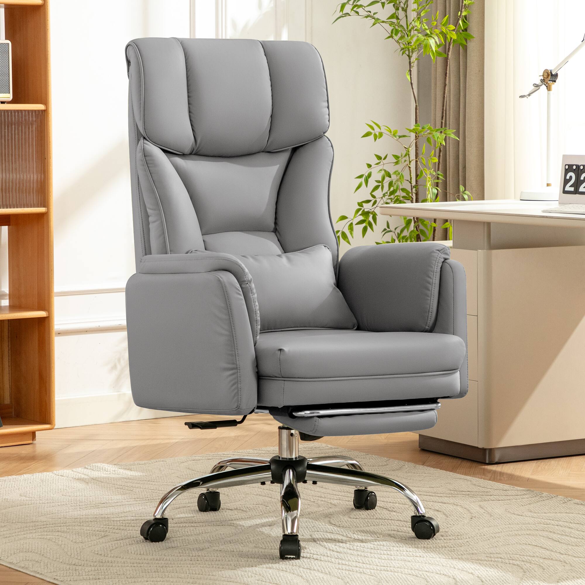 Angle. KERDOM - Ergonomic Big Office Leather Chair with Expandable Arms, Reclining Cross Legged Chair with Footrest Wide Seat for Gaming - Grey.