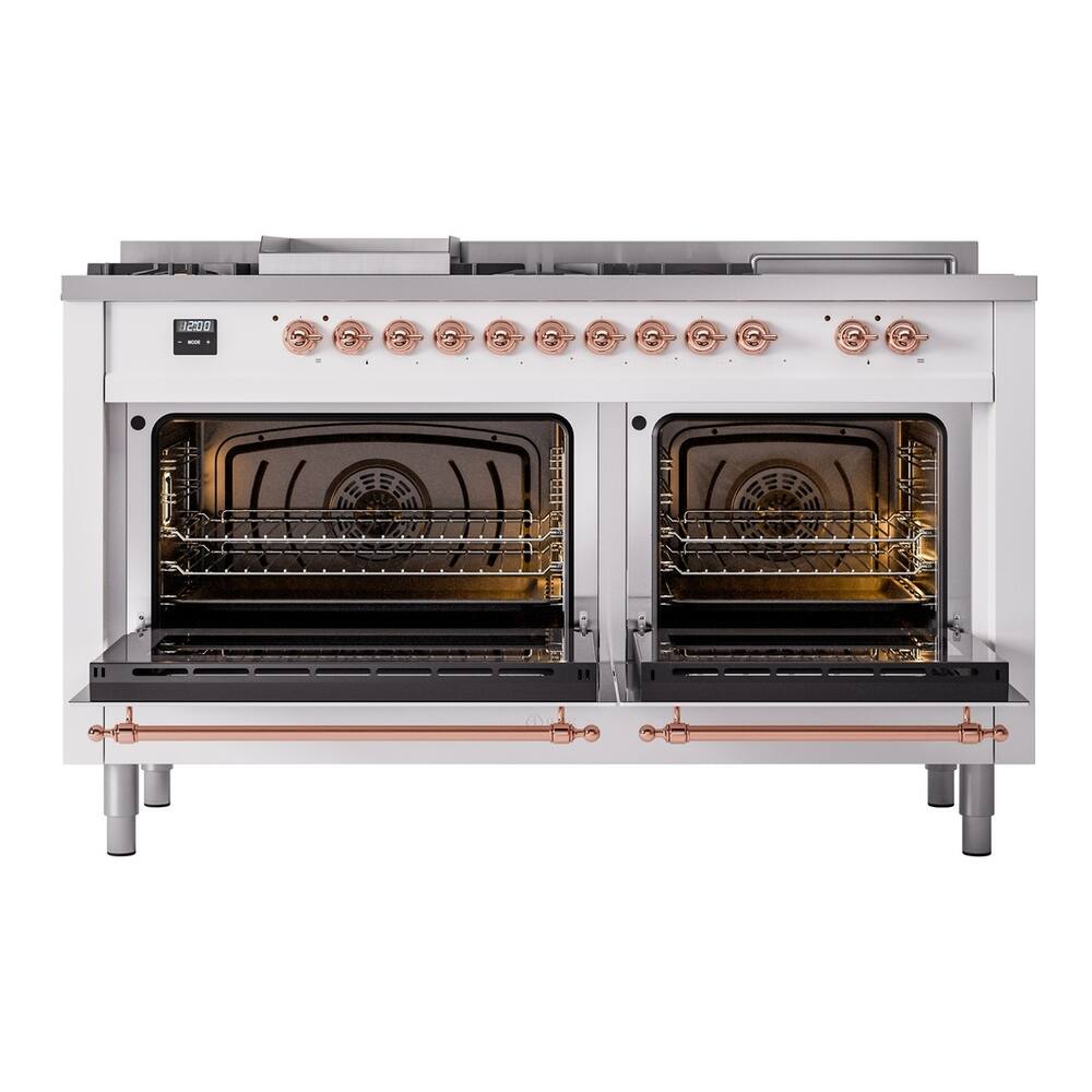Alt View 2. ILVE - ILVE Nostalgie II 60 inch Dual Fuel Range with 7 Burners + Griddle (Liquid Propane, White, Copper Trim) - White.
