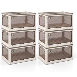 Costway - 6 Pack Stackable Storage Bins with Lids 54 Gallon Collapsible Plastic Container Box - Cream White,Clear Brown