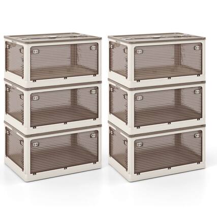 Front. Costway - Costway 6 Pack Stackable Storage Bins with Lids 54 Gallon Collapsible Plastic Container Box - Cream White,Clear Brown.