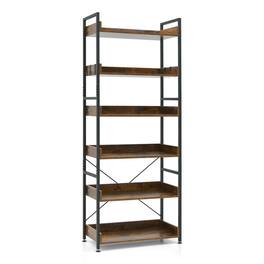 Kadyn - Open Book Shelf,Storage Shelf Unit Plant Stand,6-Tier Tall Industrial Bookcase with Open Shelves and 4 Hooks - Brown