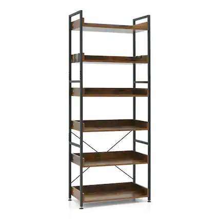Front. Pefilos - 6-Tier Tall Industrial Bookcase with Open Shelves and 4 Hooks-Brown, Tall Bookshelf, Shelves for Living Room - Brown.