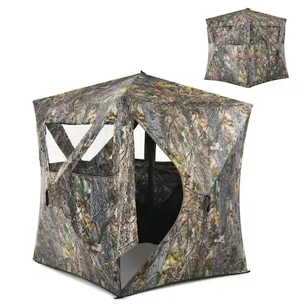Front. Gymax - Gymax 3 Person Portable Hunting Blind Pop-Up Ground Blind w/Tie-downs & Carrying Bag - Camouflage.