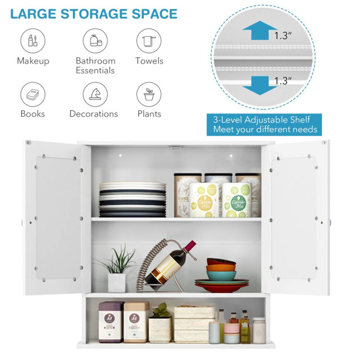 LARGE STORAGE SPACE

- Makeup
- Bathroom Essentials
- Towels
- Books
- Decorations
- Plants

3-Level Adjustable Shelf
Meet your different needs

1.3"