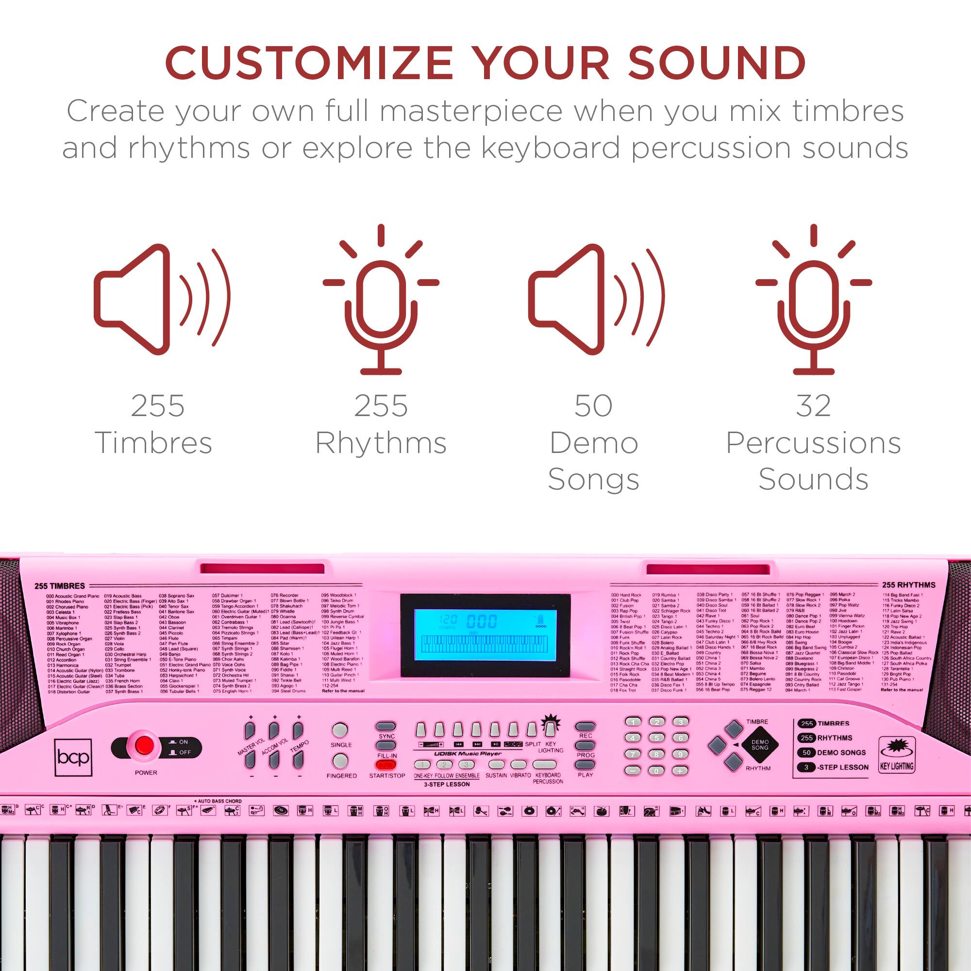 CUSTOMIZE YOUR SOUND

Create your own full masterpiece when you mix timbres and rhythms or explore the keyboard percussion sounds

255 Timbres  
255 Rhythms  
50 Demo Songs  
32 Percussions Sounds