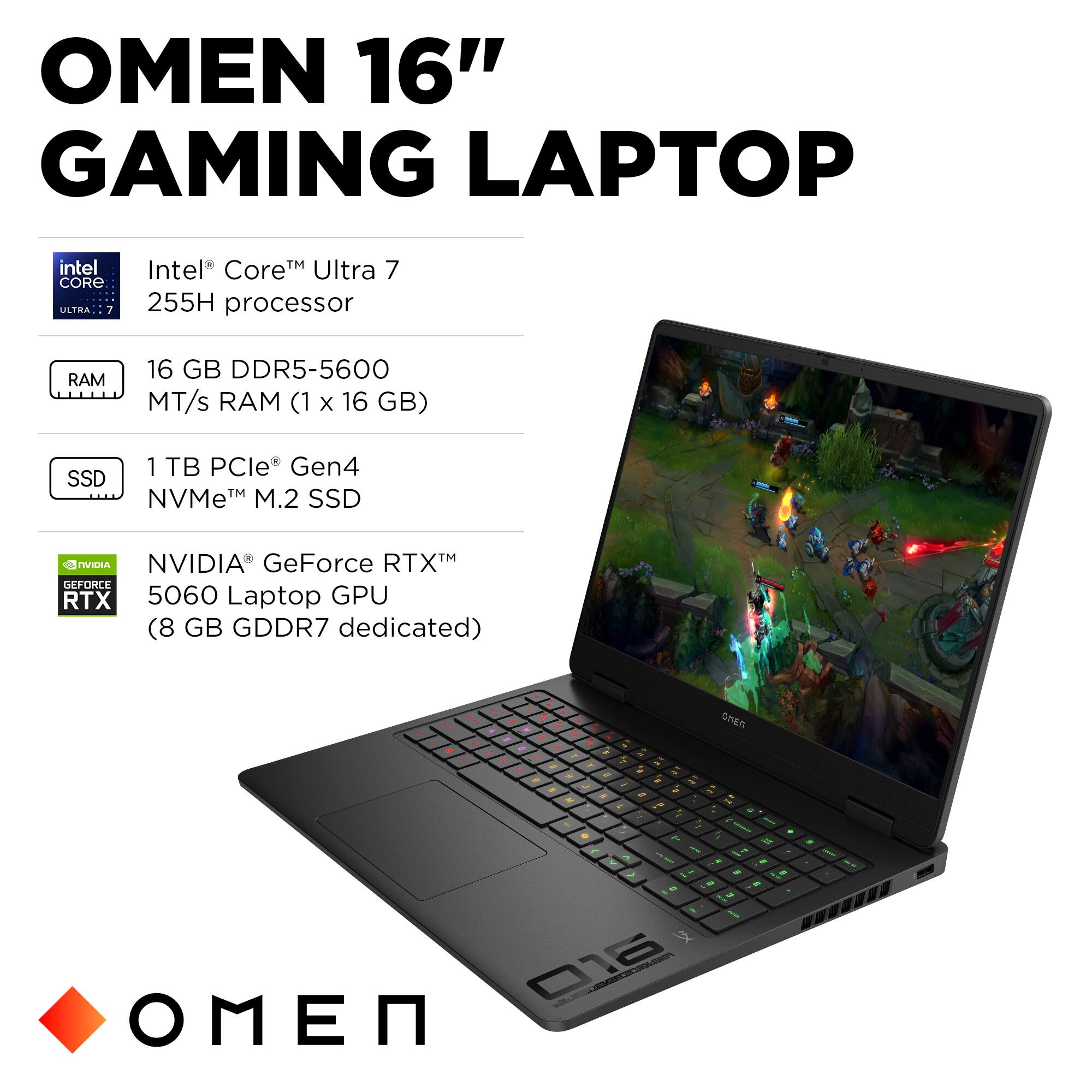 OMEN 16" GAMING LAPTOP intel CORe ULTRA 7 255H processor RAM 16 GB DDR5-5600 MT/s RAM (1 x 16 GB) SSD 1 PCle Gen4 NVMe M.2 SSD INVIRA NVIDIA GeForce RTX 5060 Laptop GPU (8 GB GDDR7 dedicated)