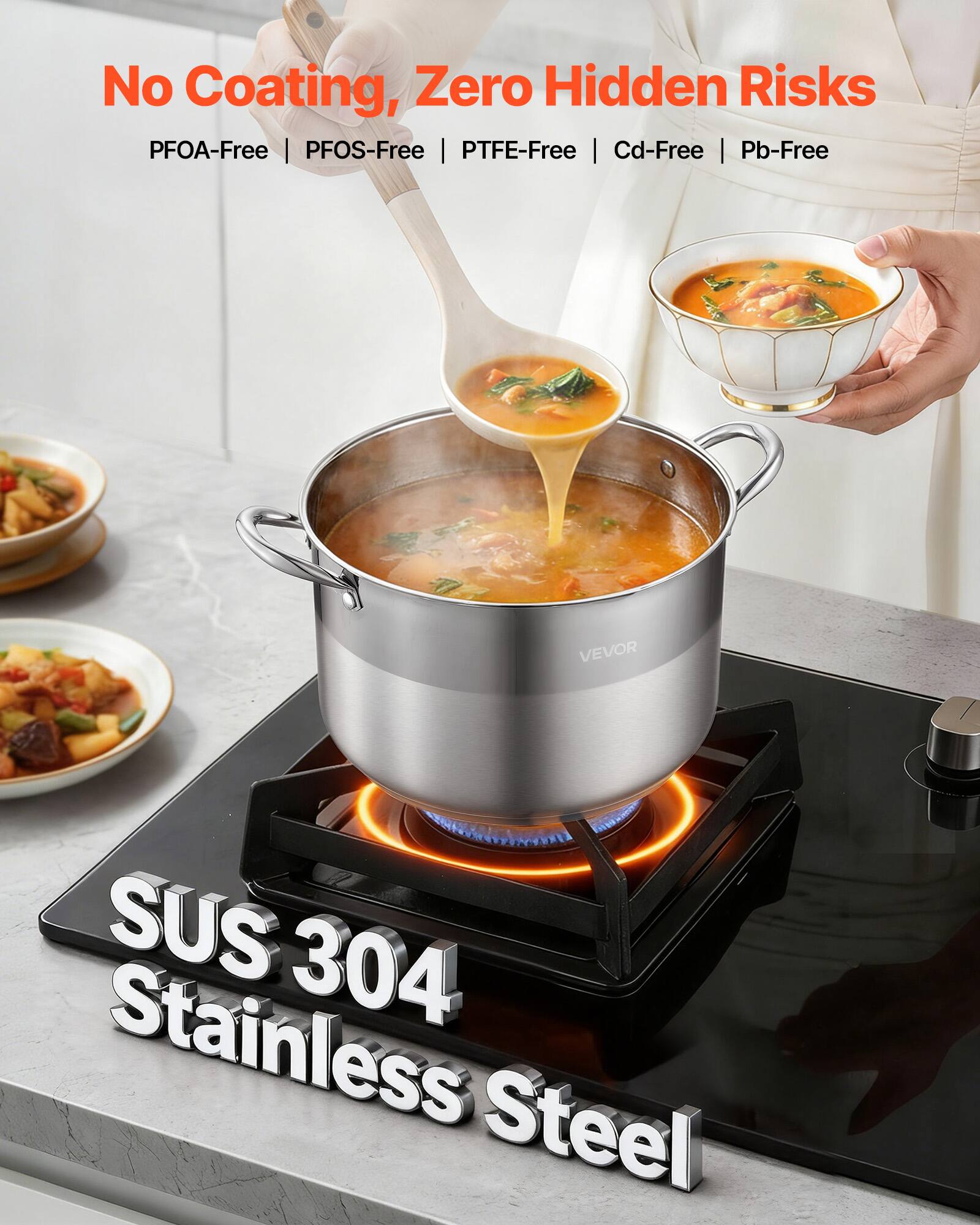 No Coating, Zero Hidden Risks  
PFOA-Free | PFOS-Free | PTFE-Free | Cd-Free | Pb-Free  

SUS 304 Stainless Steel