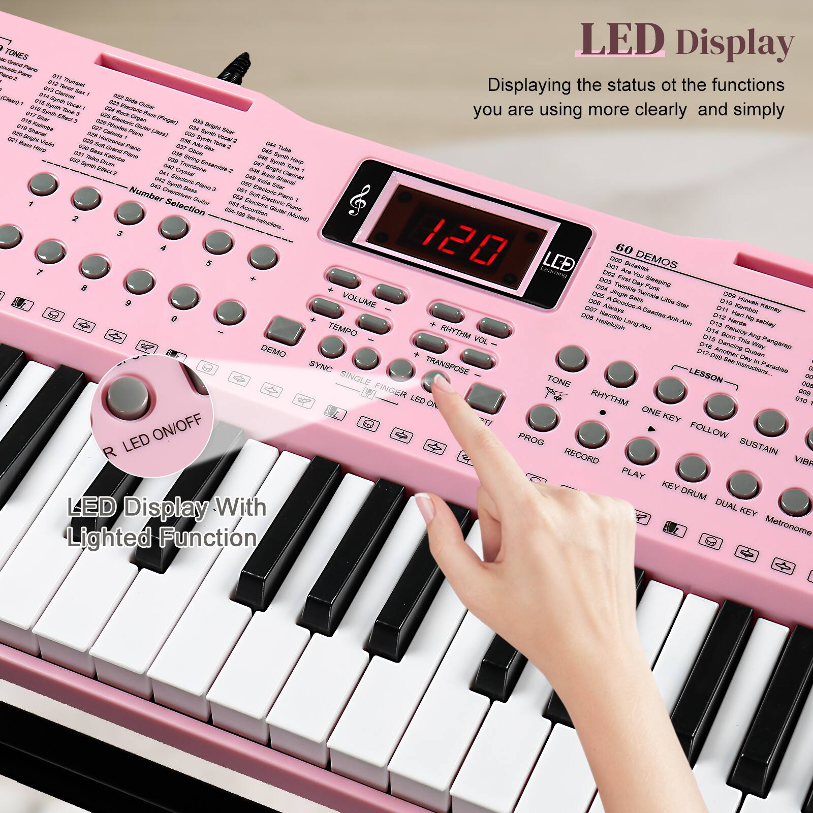 **LED Display**

Displaying the status of the functions you are using more clearly and simply

**Tones**

1. Trumpet
2. Flute
3. Clarinet
4. Violin
5. Saxophone
6. Guitar
7. Piano
8. Organ
9. Harp
10. Cello
11. Bass
12. Synth Lead
13. Synth Pad
14. Synth Brass
15. Synth Strings
16. Synth Percussion
17. Synth Ensemble
18. Synth Piano
19. Synth Organ
20. Synth Guitar
21. Synth Bass
22. Synth Lead 2
23. Synth Pad 2
24. Synth Brass 2
25. Synth Strings 2
26. Synth Percussion 2
27. Synth Ensemble 2
28. Synth Piano 2
29. Synth Organ 2
30. Synth Guitar 2
31. Synth Bass 2
32. Synth Lead 3
33. Synth Pad 3
