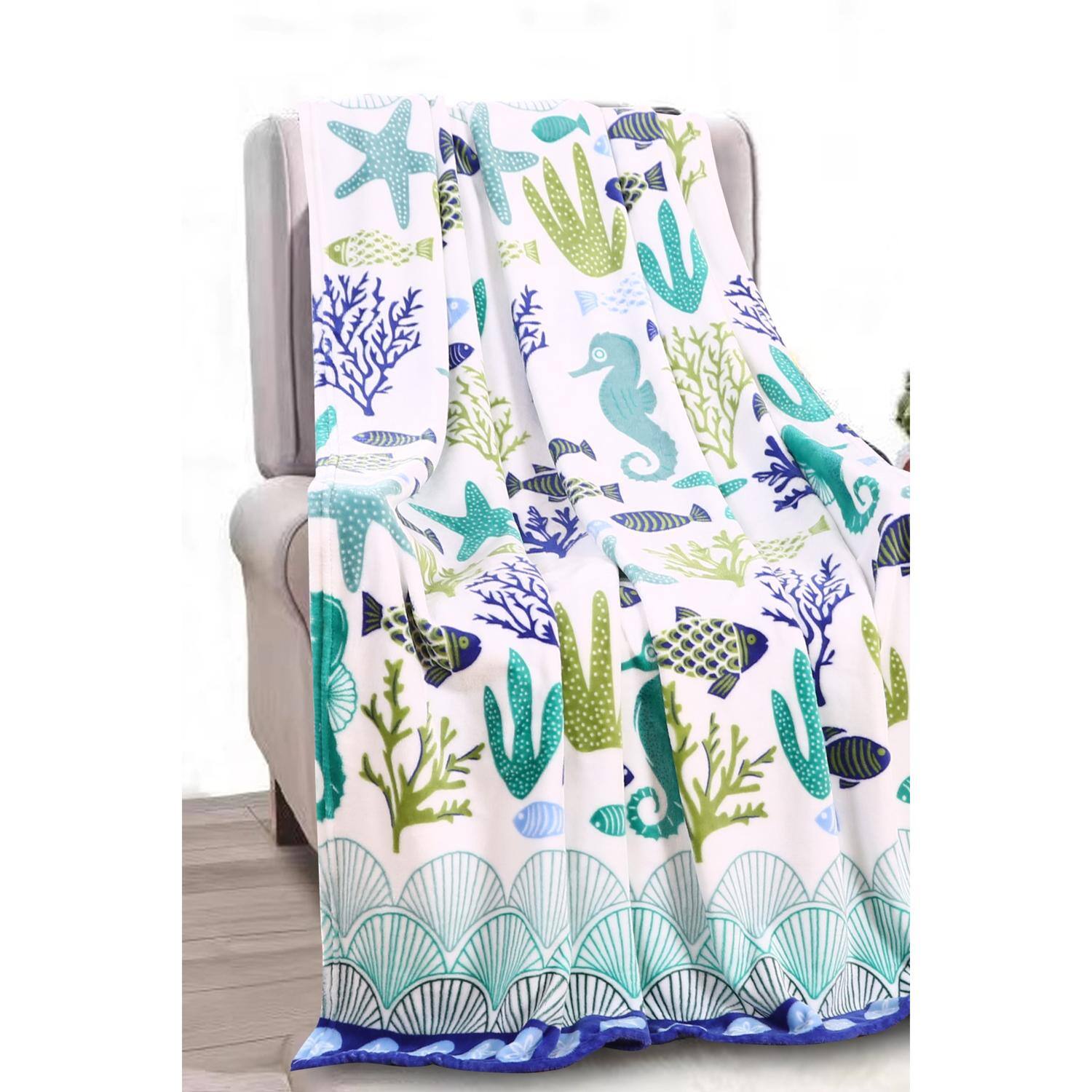 Alt View 1. Noble House - Plazatex Nautical Ocean Coral Plush All Season Decorative Throw Blanket 50" x 60" White & Blue - White & Blues.