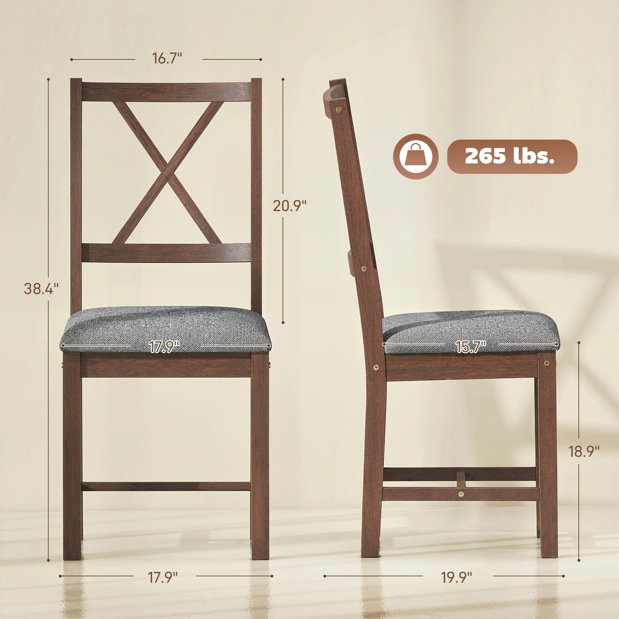 16.7"  
20.9"  
38.4"  
17.9"  
15.7"  
18.9"  
19.9"  
265 lbs.