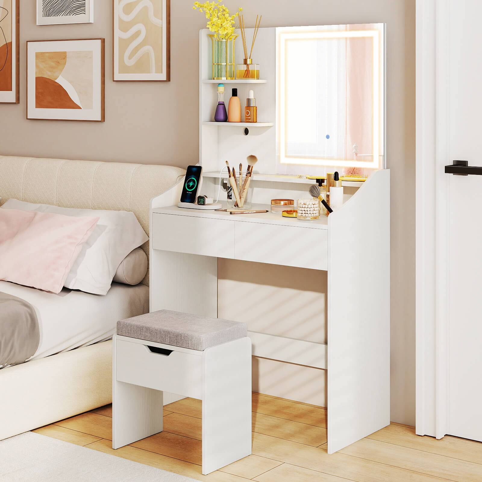 Alt View 1. Costway - Costway Vanity Desk with Mirror and Lights LED Lighted Makeup Table with 3 Color Modes - White.