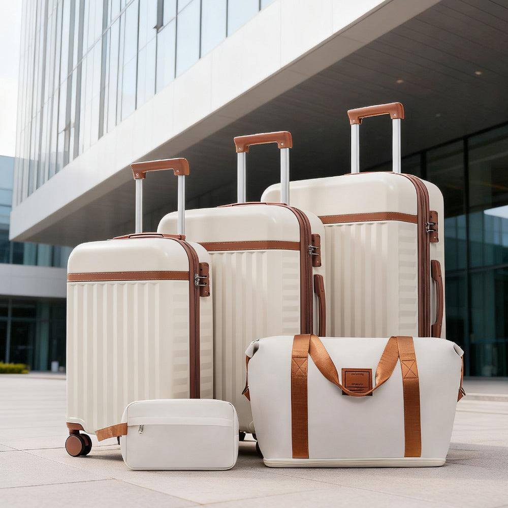 Angle. BreeBe - Luggage Set 5 Piece, Hardside Carry on Suitcase , Expandable Luggage with Travel Bags Spinner Wheels TSA Lock - Brown+White.