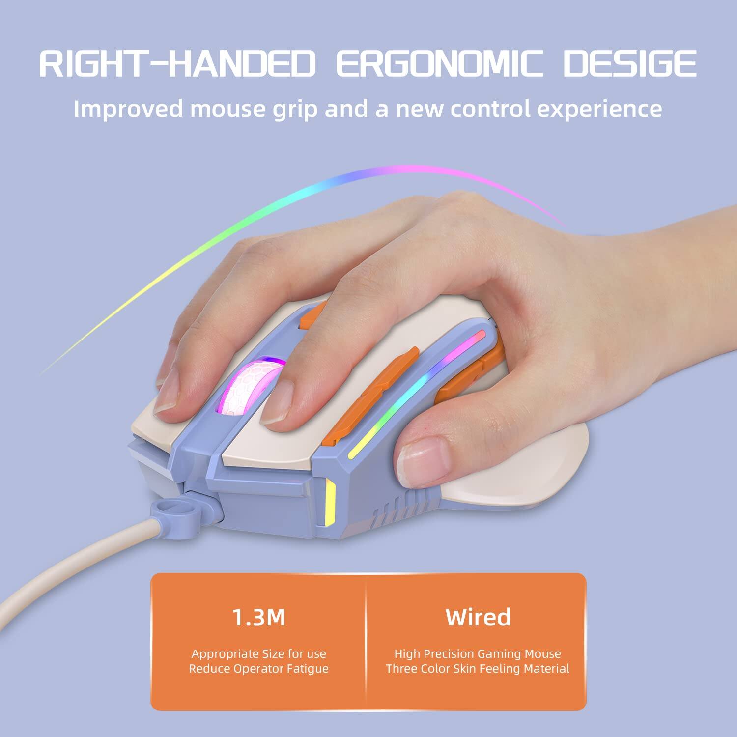 RIGHT-HANDED ERGONOMIC DESIGN  
Improved mouse grip and a new control experience  

1.3M  
Appropriate Size for use  
Reduce Operator Fatigue  

Wired  
High Precision Gaming Mouse  
Three Color Skin Feeling Material