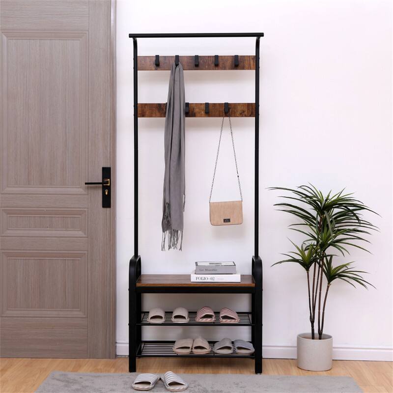 Angle. ALEXOUN - 4-in-1 Hall Tree with Shoe Bench - Entryway Coat Rack & Storage, 9 Removable Hooks + Hanging Rod,Rustic Brown/Black,1pc - Brown.