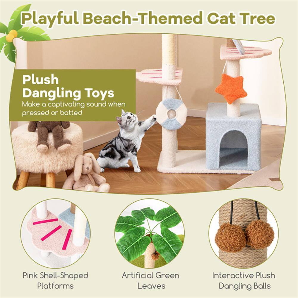 Playful Beach-Themed Cat Tree

Plush Dangling Toys
Make a captivating sound when pressed or batted

Pink Shell-Shaped Platforms

Artificial Green Leaves

Interactive Plush Dangling Balls