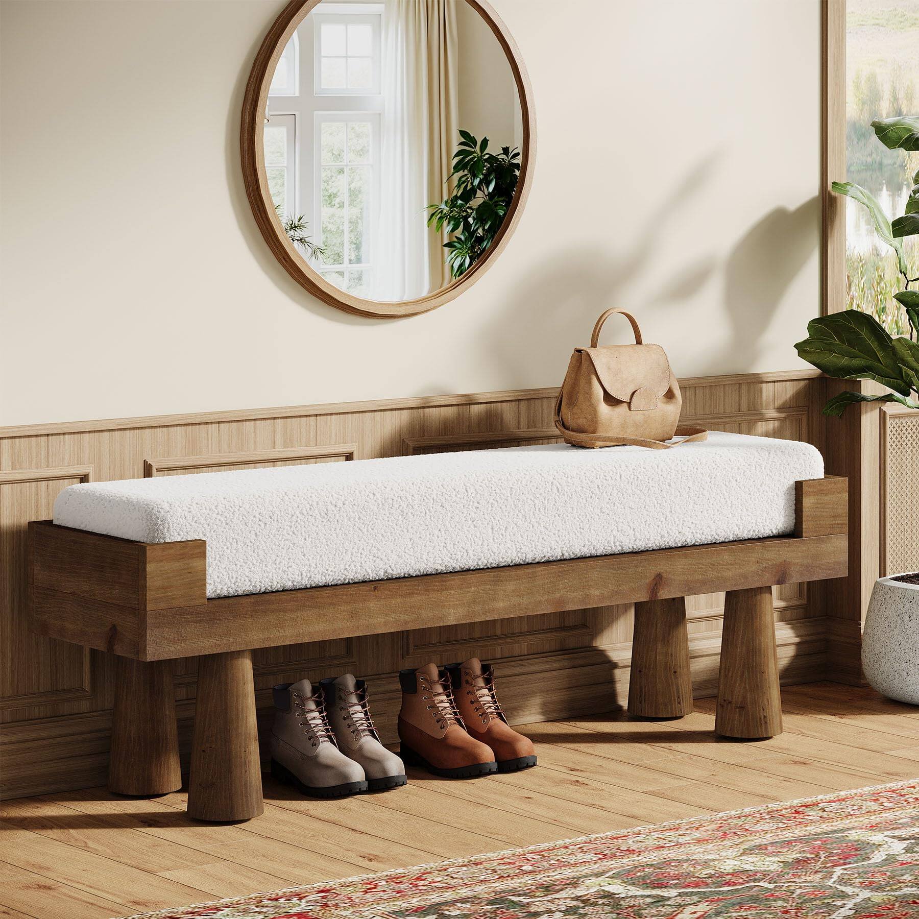 Alt View 2. Tribesigns - Upholstered Entryway Bench, Shoe Bench End of Bed for Bedroom - Brown and White.