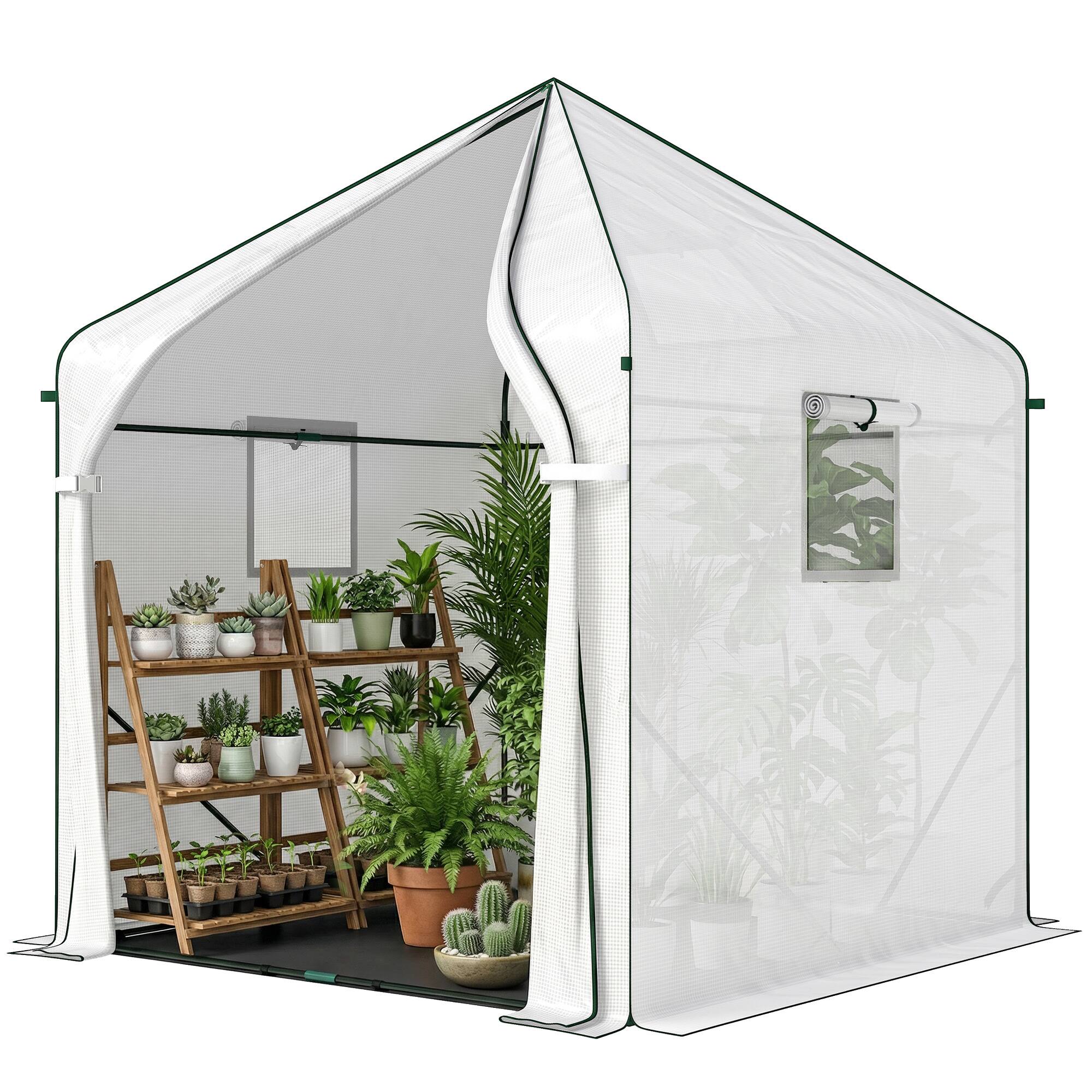 Front. Outsunny - Greenhouse, 63" x 63" x 78.7", Roll-Up Door, 3 Mesh Windows, PE Cover - White.
