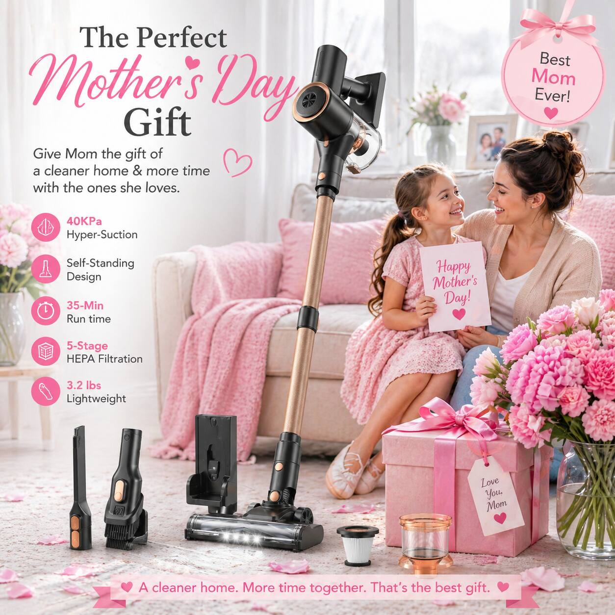 The Perfect Mother's Day Gift

Give Mom the gift of a cleaner home & more time with the ones she loves.

- 40KPa Hyper-Suction
- Self-Standing Design
- 35-Min Run time
- 5-Stage HEPA Filtration
- 3.2 lbs Lightweight

Best Mom Ever!

Happy Mother's Day!

Love You, Mom

A cleaner home. More time together. That's the best gift.