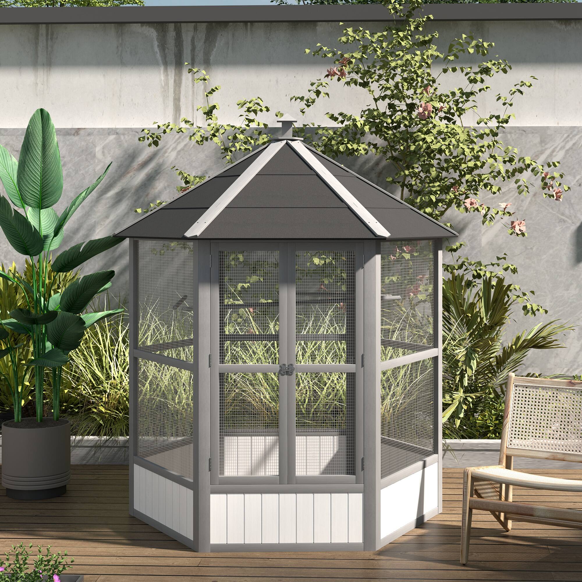 Alt View 5. Pawhut - 69" Large Wooden Hexagonal Outdoor Aviary Flight Bird Cage With Covered Roof.