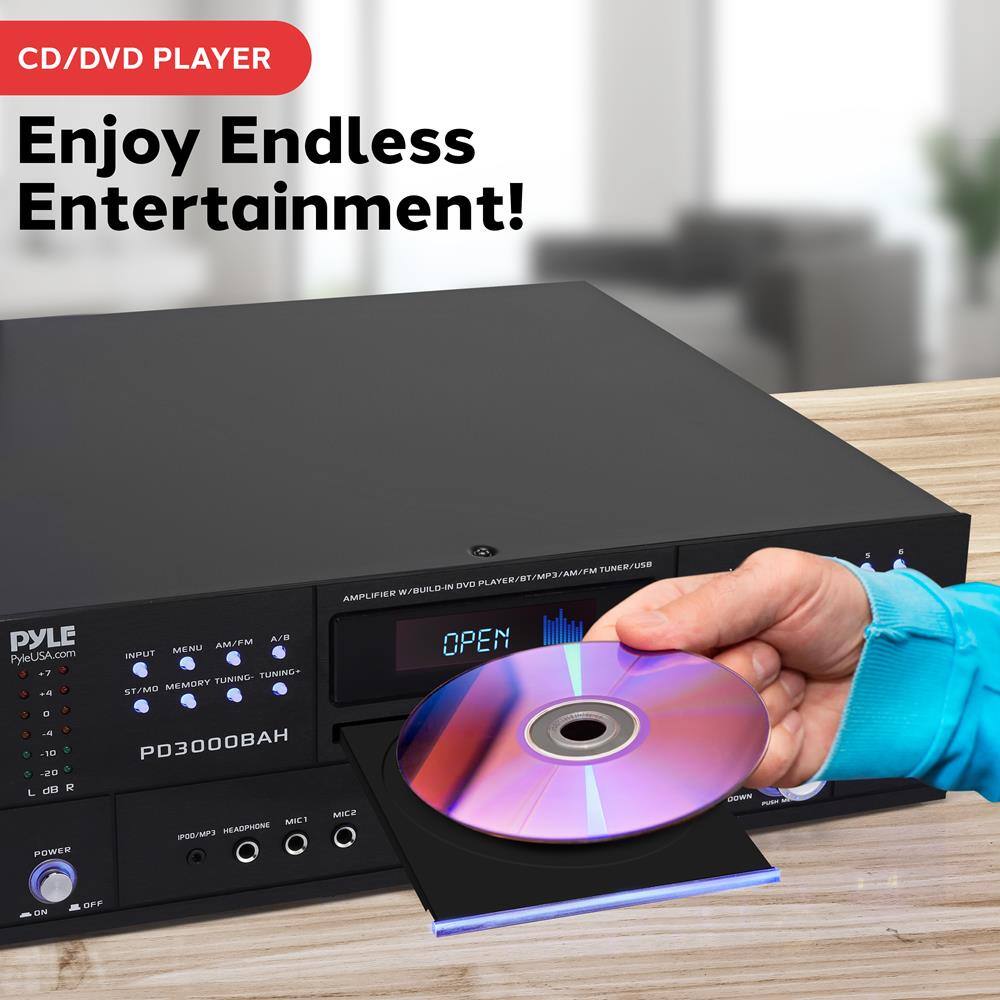 CD/DVD PLAYER  
Enjoy Endless Entertainment!  

PYLE  
PyleUSA.com  

AMPLIFIER W/BUILD-IN DVD PLAYER/BT/MP3/AM/FM TUNER/USB  

PD3000BAH  

INPUT MENU AM/FM A/B  
ST/MO MEMORY TUNING+ TUNING-  
OPEN  

POWER ON OFF  

IPD/MP3 HEADPHONE MIC1 MIC2  

OPEN  

PUSH