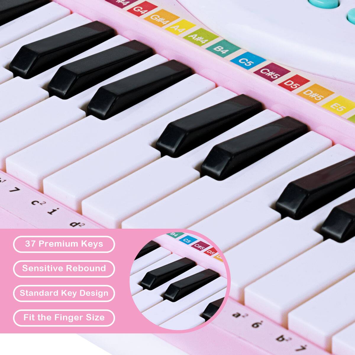 The image features a pink and white keyboard with 37 premium keys, including sensitive rebound keys. The keyboard is designed to fit the finger size and has standard key design. The keys include letters such as A, B, C, D, E, F, G, and more.