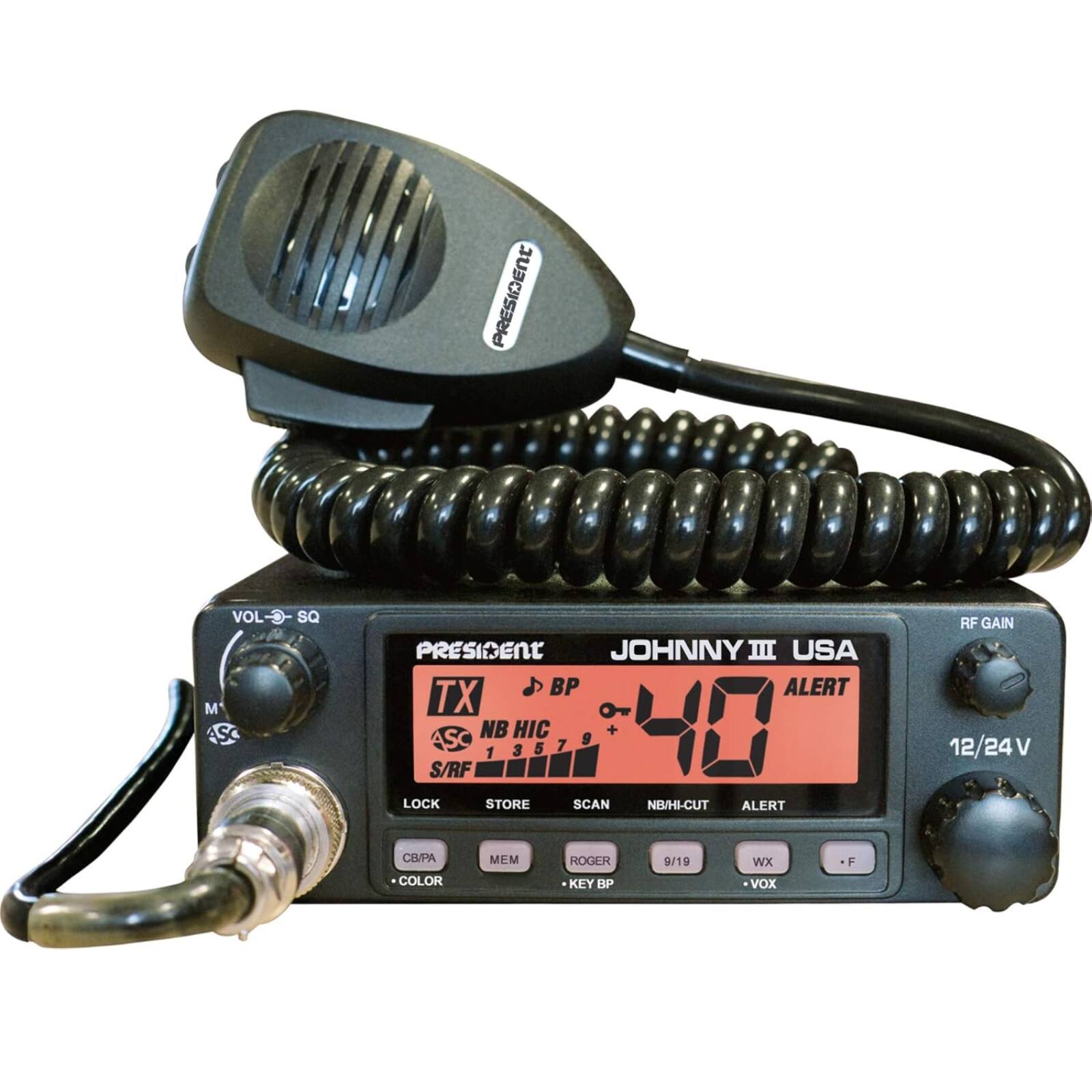 PRESIDENT JOHNNY III USA  
BP 40 ALERT  
12/24 V  
VOL - SQ  
RF GAIN  
NB/HI-CUT  
SCAN  
ALERT  
TX  
NB MIC  
S/RF 1 3 5 7 9  
LOCK  
STORE  
ROGER  
KEY BP  
MEM  
COLOR  
WX Vox  
9/19