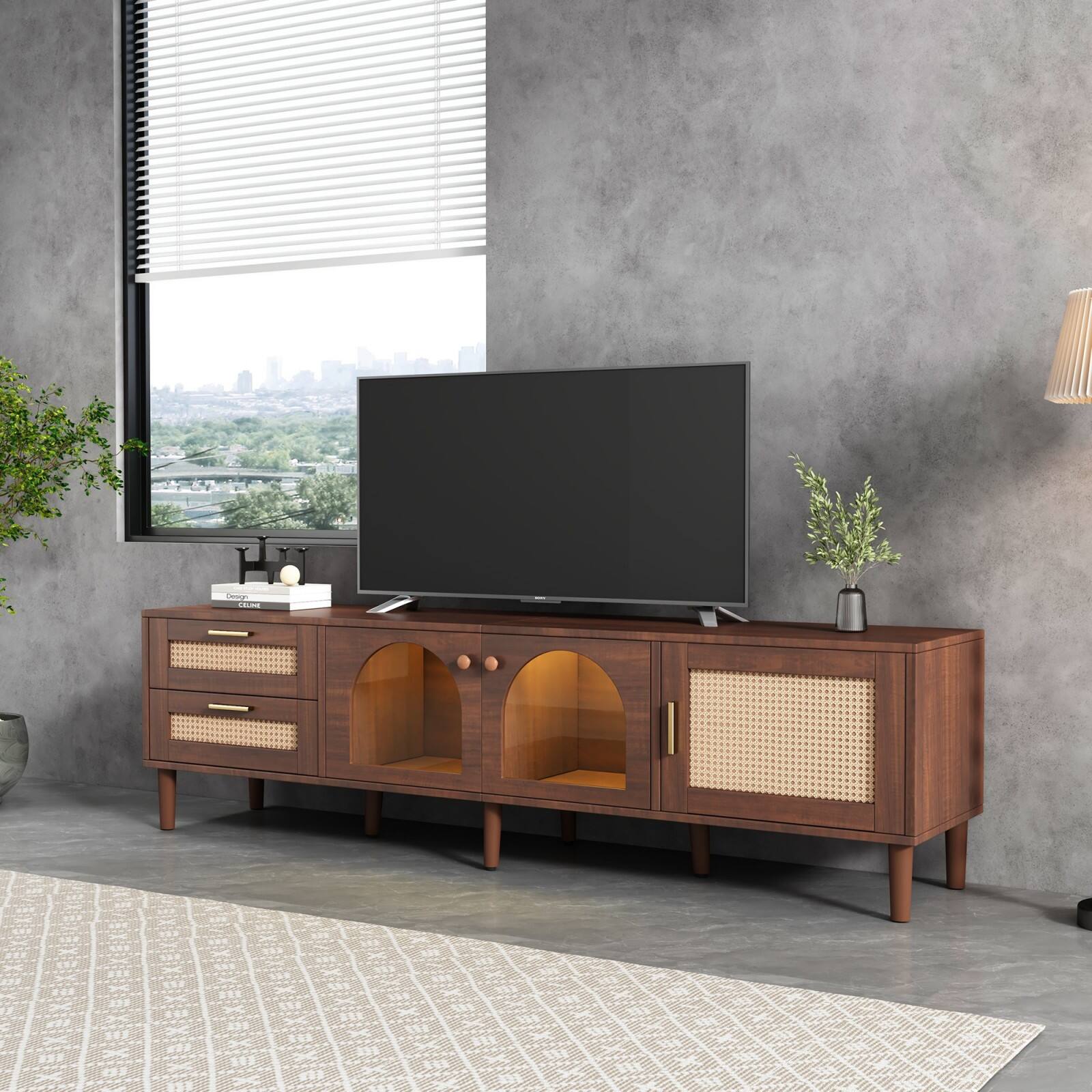 Alt View 10. Ecooso - Rattan TV Stand with 3 Cabinets & 2 Drawers, TVs up to 80'', LED Light， Entertainment Center, TV cabinet for Living room - Dark Brown.