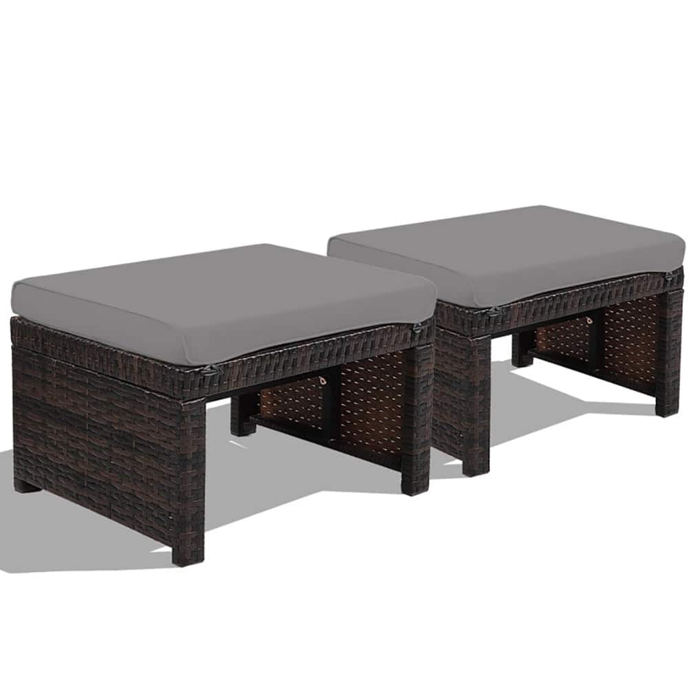 Pefilos- 2 Pieces Patio Rattan Ottomans with Soft Cushion fo Patio and Gaden-Gay, All Weathe Wicke Ottoman, Outdoo Footstool- Gray