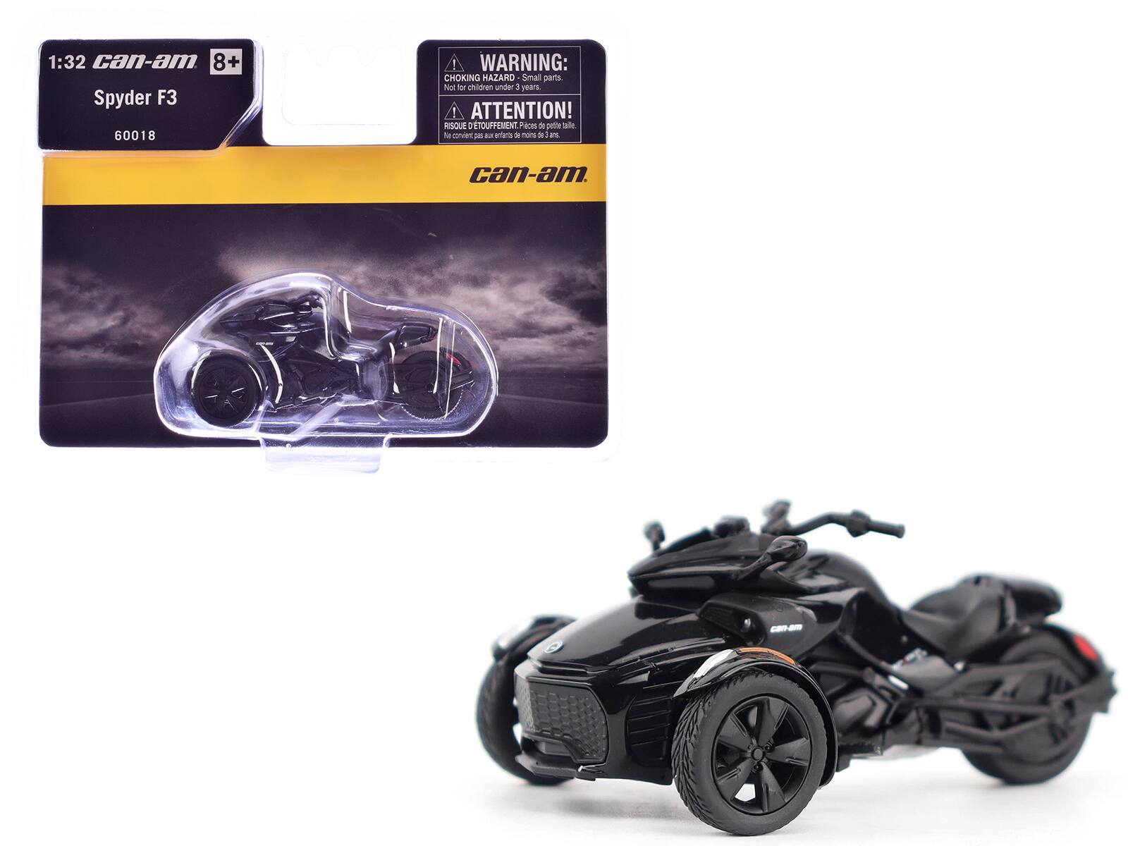 1:32 Can-am  
8+  
Spyder F3  
60018  

WARNING: CHOKING HAZARD - Small parts. Not for children under 3 years.  
ATTENTION! RISQUE D'ÉTOUFFEMENT - Pièces de petite taille. Ne convient pas aux enfants de moins de 3 ans.