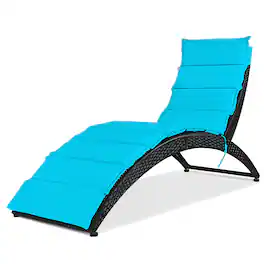 Costway - Folding Patio Rattan Lounge Chair Chaise Cushioned Portable Garden - Turquoise