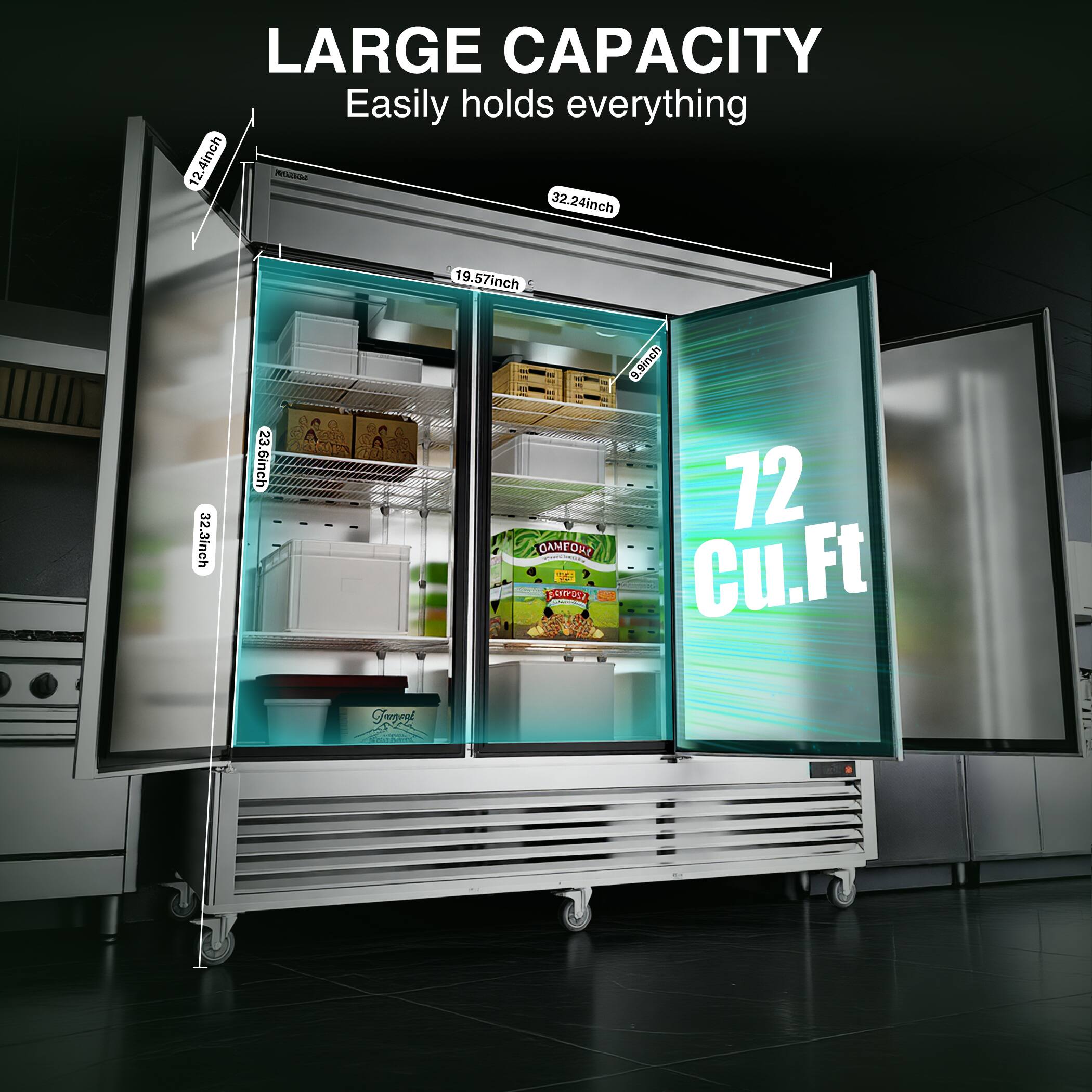 LARGE CAPACITY  
Easily holds everything  

12.4inch  
19.57inch  
23.6inch  
32.24inch  
32.3inch  

72 Cu.Ft